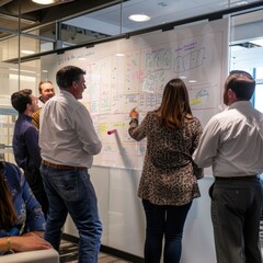 Poster - A team of employees gathered around a whiteboard, mapping out strategies. Job 
