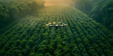 Poster - drone monitoring farm s water usage for sustainable resource management in lush countryside
