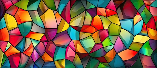 Wall Mural - A detailed closeup of a vibrant stained glass window showcasing intricate patterns, symmetry, and a mix of tints and shades in a triangular fixture