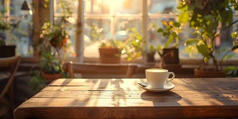 Poster - Wood table in cozy cafe setting awaiting morning coffee and product with natural sunlight and copy space