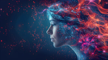 Wall Mural - Image featuring a woman with degenerative disease logo surrounded by mental health, stroke, synapses, and neurons interaction art, used for international parkinson's awareness month concept