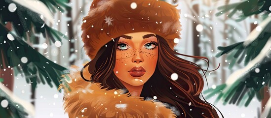 Sticker - An elegant woman wearing a fur coat and hat is standing joyfully in the snow, creating a beautiful winter scene that could inspire an illustration or painting