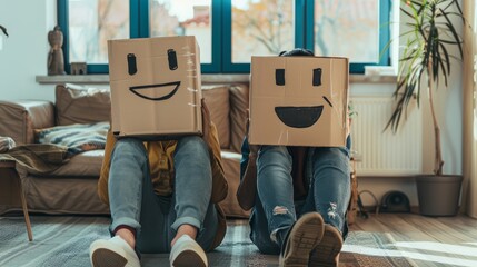 Two people are sitting on the floor with cardboard boxes on their heads (funny looking people)