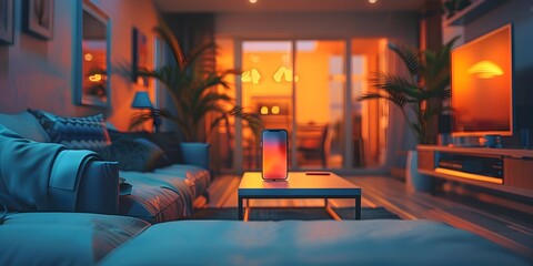 Poster - Cozy Smart Home Living Room with Interconnected Devices and Smartphone Control