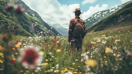 Hiker hiking with hat backpack in flowers meadows grass field between mountains blue sky and white clouds