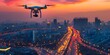Aerial Drone Capturing Vibrant Nighttime Cityscape with Illuminated Roads and Skyscrapers Symbolizing the Future of Smart Urban Management and