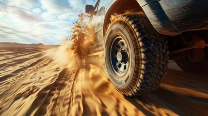 Wall Mural - SUV wheel in desert sand with motion