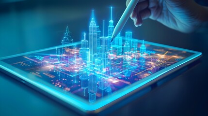 Poster - Futuristic Tablet Showcasing Visionary Cityscape with Glowing Holographic Design on Sleek Digital Display