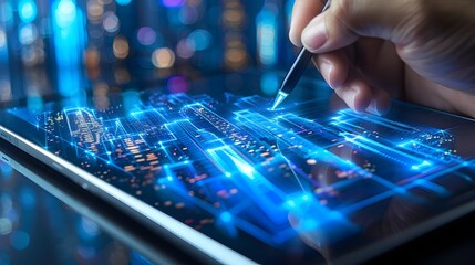 Aufkleber - futuristic digital tablet with stylus drawing a glowing cityscape showcasing modern technology and c