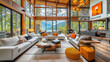 A large living room with a fireplace and a view of the mountains. The room has a cozy, inviting atmosphere. Modern living room with large windows, contemporary furniture, and warm ambient lighting
