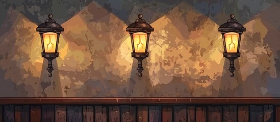 Wall Mural - Three lanterns are illuminating a building facade, casting tints and shades on the wooden railing. The security lighting adds a cozy touch to the house against the dark sky