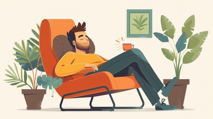 Man Relaxing Comfortably in Cozy Recliner with Potted Plants