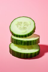 Wall Mural - A close-up of sliced cucumber isolated on a pastel pink background. Minimalist food concept.