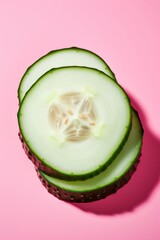 Wall Mural - A close-up of sliced cucumber isolated on a pastel pink background. Minimalist food concept.