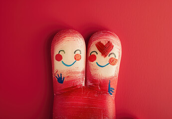 Finger drawing of two fingers with smiling faces and a heart on a red background, with copy space for text