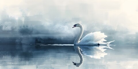 Canvas Print - Graceful Swan Gliding Over Mirrored Lake Epitomizing Tranquil Elegance in Nature