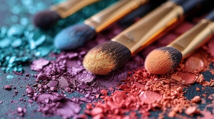 Wall Mural - a group of makeup brushes sitting on top of a pile of crushed up pink and blue powdered eyeshades.