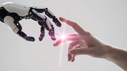Aufkleber - Human hand reaching towards a robotic hand, futuristic interaction. Concept of AI and technology synergy. Simple and clean design with a clear purpose. AI