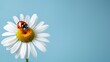 Ladybug on a Daisy Flower Against a Soft Blue Background. A Close-Up Photography Perfect for Spring and Nature Themes. Vibrant Colors, Minimalist Style. AI