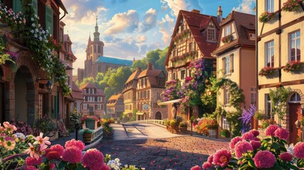 Vibrant European town with colorful floral displays