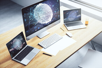 Aufkleber - Computer monitor with abstract creative fingerprint illustration, personal biometric data concept. 3D Rendering