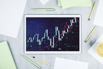 Aufkleber - Modern digital tablet monitor with abstract creative financial chart, research and analytics concept. Top view. 3D Rendering