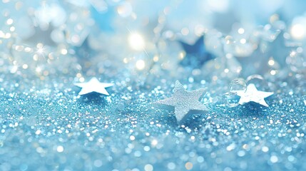 Wall Mural - Blue Christmas background with snowflakes and ornaments, featuring water droplets, shiny decorations, and a wintry texture