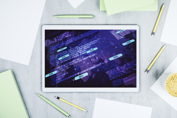 Poster - Modern digital tablet monitor with abstract creative coding sketch and world map, artificial intelligence and neural networks concept. Top view. 3D Rendering