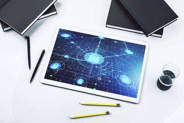 Poster - Modern digital tablet display with creative light lock illustration and microcircuit, cyber security concept. Top view. 3D Rendering