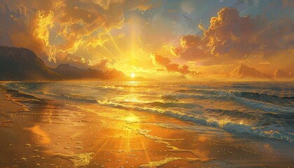 Wall Mural - Sunset Over the Beach, Golden hues painting the sky as the sun sets over a tranquil beach, ideal for conveying relaxation and tranquility