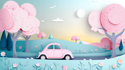 Beautiful journey road trip with car in spring and paper cut style natural pastel color scheme background.