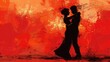 Silhouettes of a man and a woman dancing on a bright red background.