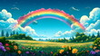 A dreamy landscape with rainbows arching over rolling hills and blooming meadows,