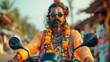 Brutal Indian man in traditional attire wearing glasses on a motorbike. Lifestyle. The concept of a serious man. For banners, posters, backgrounds, adverts, blogs, concept art.