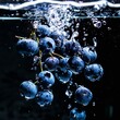 dark blueberries falling into water, bubbles and ripples around them, dark background