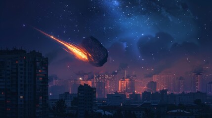 Wall Mural -  Falling meteorite over night city