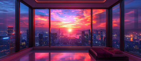 Poster - A stunning view of the city at sunset, with purple skies and clouds, seen through a window. A perfect backdrop for showcasing real estate or as a beautiful art display