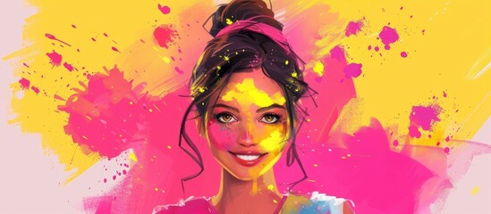 Poster - An art piece of a woman with holi paint on her face, pink and magenta swirls around her eye and eyelash, black hair, and a happy smile