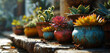 cactus in the garden and different plants in the vase