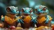 a group of toy lizards sitting on top of an egg with crackers in the shape of a gecko.