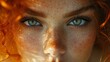 a close up of a woman's face with freckles on her face and freckles on her face.