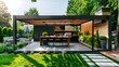 Modern Outdoor Entertaining: Stylish Pavilion with Kitchen in Sunny Backyard Setting