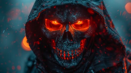 Wall Mural - a skull wearing a hooded jacket with glowing red eyes and a hooded jacket with a hood over it's head.