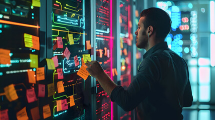 A data analyst marking on post-its in front of a supercomputer with shining circuits