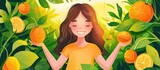 Fototapeta Las - A girl with a happy facial expression is holding oranges in her hands in a garden. The lush green grass, trees, and yellow fruits create a picturesque scene of nature