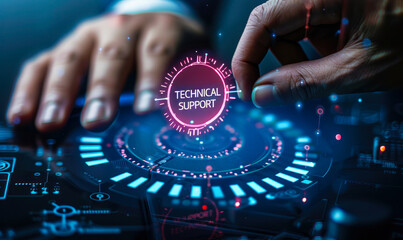 Poster - Professional in business suit works with futuristic holographic icon of technical support & modern technological services, human expertise & advanced digital solutions integration in corporate realm