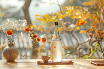 Wall Mural - Sake wine bottle and cup in a serene environment