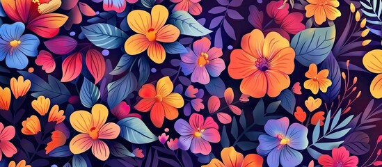 Sticker - A vibrant display of colorful flowers and leaves set against a dark background, showcasing the beauty of terrestrial plants and flowering plants