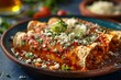 An enchilada plate smothered in red sauce and topped with crumbled cheese