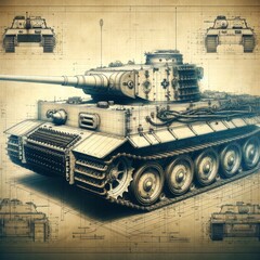 Detailed sketch of a military tank with precision mechanics on blueprint background, technical drawing